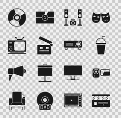 Set Movie clapper, Cinema camera, Paper glass with straw, Home stereo two speakers, Retro tv, CD or DVD disk and Movie, film, media projector icon. Vector