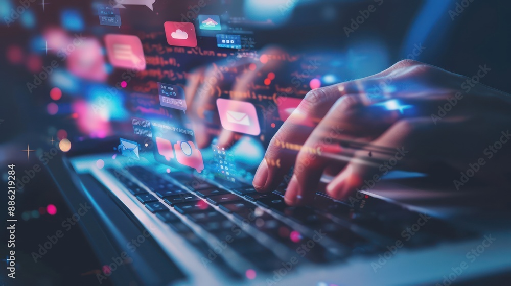 Poster hands typing on laptop with digital icons and code overlay