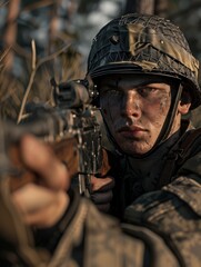 Fototapeta premium Soldier in Camouflage Aiming Rifle in Forest