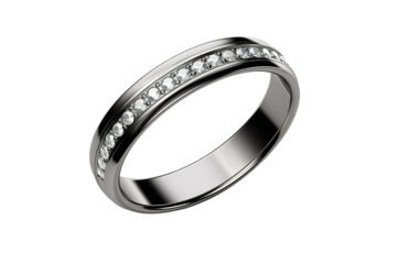 A Black Diamond Band Ring, Gleaming Under Studio Lights on a White or Clear Surface PNG Transparent Background.