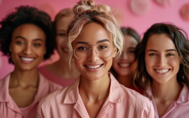 Obraz premium Five happy businesswomen of different ethnicities stand shoulder-to-shoulder in front of a pink wall, smiling for a portrait