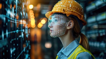 Female engineer analyzing digital data in high-tech industrial setting