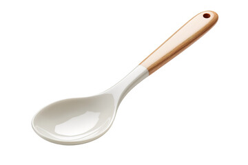 A White Ceramic Spoon With a Natural Wooden Handle on a White or Clear Surface PNG Transparent Background.