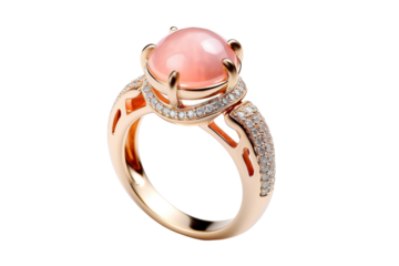 A Pink Gemstone Ring With Diamond Accents in a Rose Gold Setting on a White or Clear Surface PNG Transparent Background.