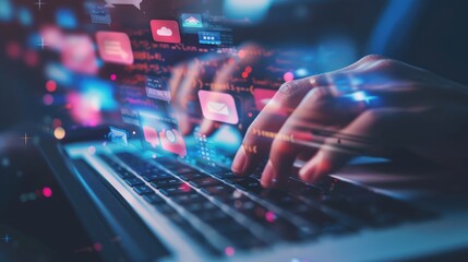 Hands Typing on Laptop with Digital Icons and Code Overlay