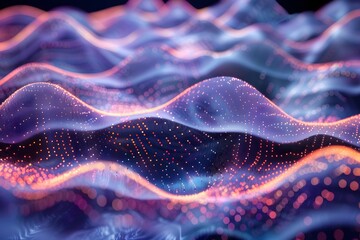 Abstract Digital Waves with Glowing Dots in a Futuristic Landscape