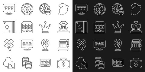 Set line Briefcase and money, Slot machine, Lottery, Casino chips, with jackpot, Deck of playing cards, and Joker icon. Vector