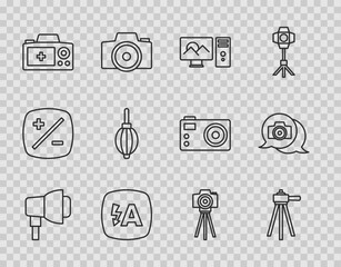 Set line Softbox light, Tripod, Photo retouching, Auto flash, camera, Dust blower, and icon. Vector