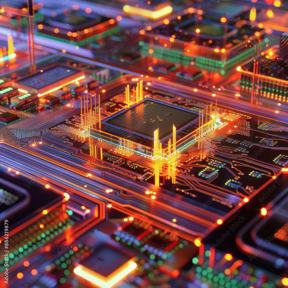 Poster glowing computer motherboard with cpu