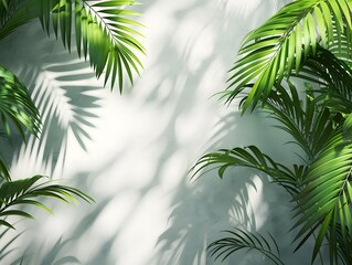 Sunlit Tropical Palm Leaves Casting Shadows on a White Wall