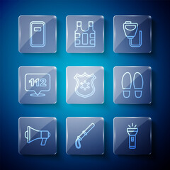 Set line Megaphone, Police rubber baton, Flashlight, Walkie talkie, badge, Telephone call 112, assault shield and Footsteps icon. Vector