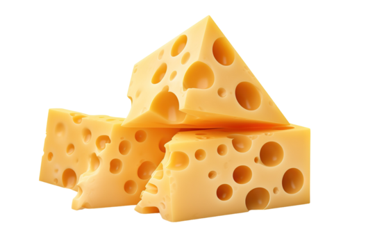 A Trio of Creamy Swiss Cheese Cubes on a White or Clear Surface PNG Transparent Background.