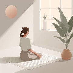Minimalist illustration of a woman meditating in a serene room