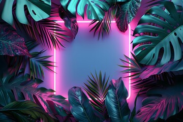 Neon Frame Surrounded by Vibrant Tropical Leaves