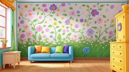 living room with colorful furniture