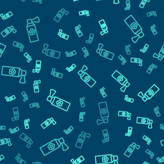 Green line Air freshener spray bottle icon isolated seamless pattern on blue background. Air freshener aerosol bottle. Vector