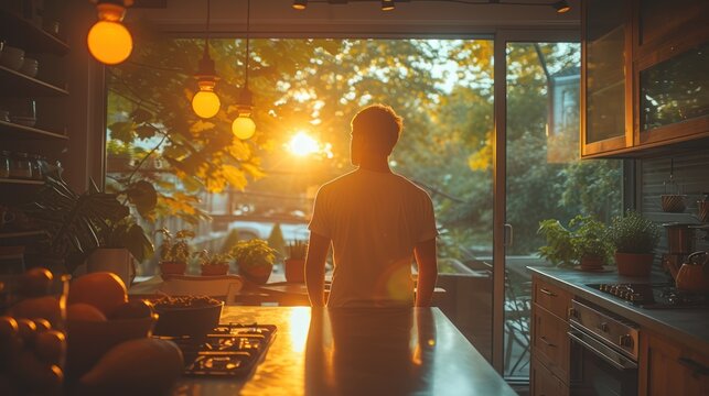 Person in a cozy kitchen looking at sunset