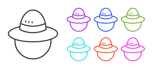 Black line Camping hat icon isolated on white background. Beach hat panama. Explorer travelers hat for hunting, hiking, tourism. Set icons colorful. Vector