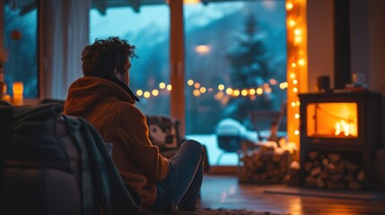 Cozy living room with fireplace and snowy view