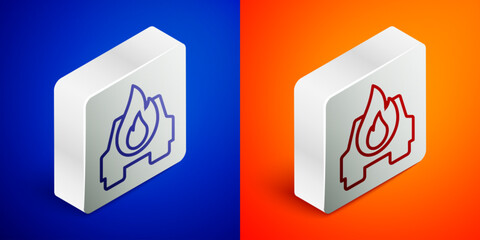 Fototapeta premium Isometric line Burning car icon isolated on blue and orange background. Car on fire. Broken auto covered with fire and smoke. Silver square button. Vector