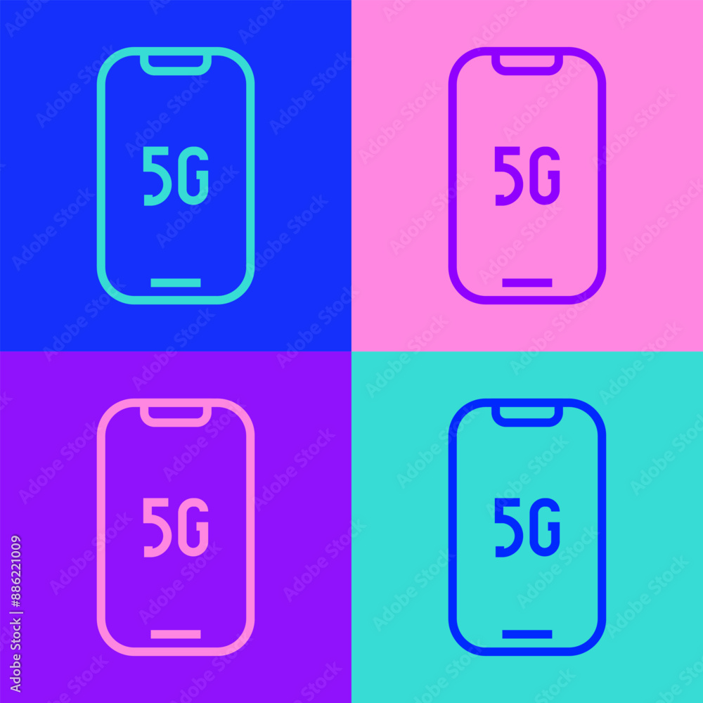 Poster pop art line mobile with 5g new wireless internet wifi icon isolated on color background. global net