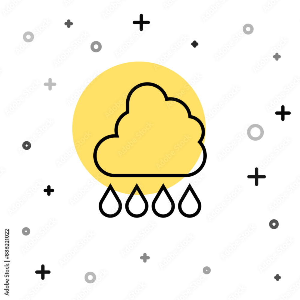 Poster black line cloud with rain icon isolated on white background. rain cloud precipitation with rain dro