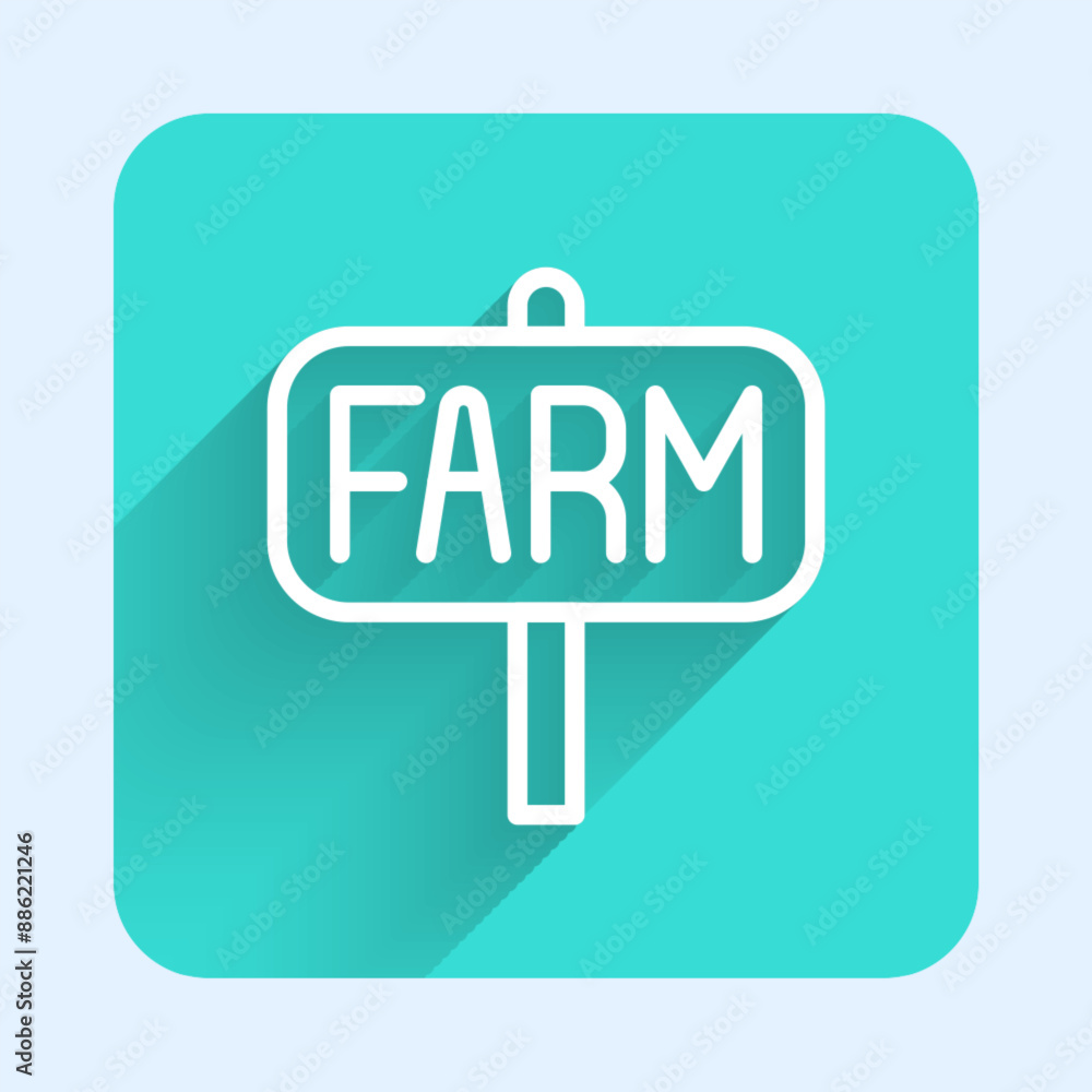 Poster white line location farm icon isolated with long shadow background. green square button. vector