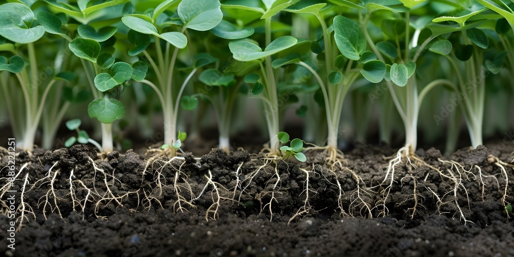 Poster cross-section of multiple seedlings in soil revealing growing root systems. concept botany, seedling