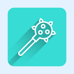 White line Medieval chained mace ball icon isolated with long shadow background. Morgenstern medieval weapon or mace with spikes. Green square button. Vector