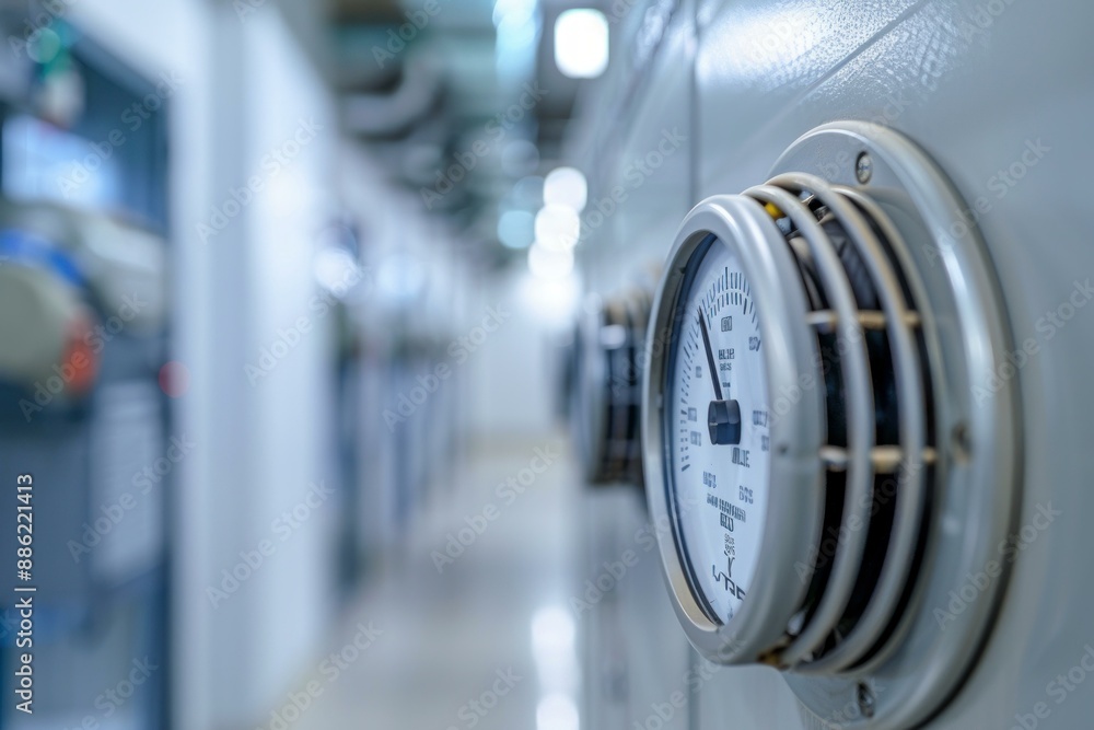 Poster close up of an analog gauge measuring pressure, mounted on a control panel in an industrial environm