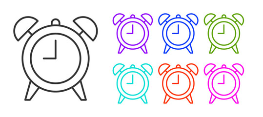 Black line Alarm clock icon isolated on white background. Wake up, get up concept. Time sign. Set icons colorful. Vector