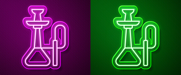 Glowing neon line Hookah icon isolated on purple and green background. Vector