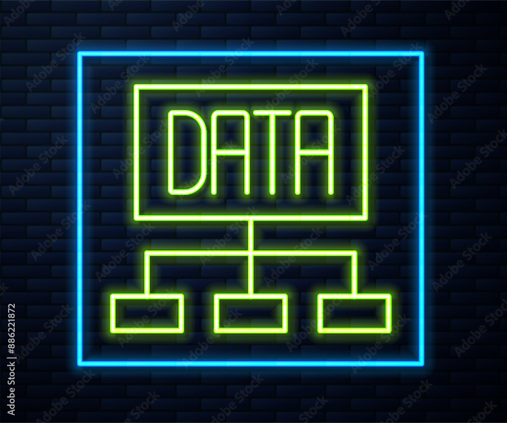 Poster glowing neon line data analysis icon isolated on brick wall background. business data analysis proce