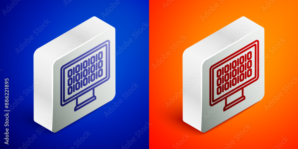Poster isometric line binary code icon isolated on blue and orange background. silver square button. vector