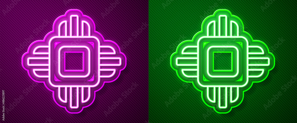 Poster glowing neon line computer processor with microcircuits cpu icon isolated on purple and green backgr