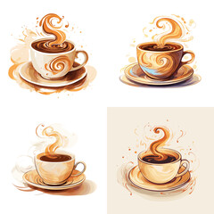 Four coffee cups with steam rising from them
