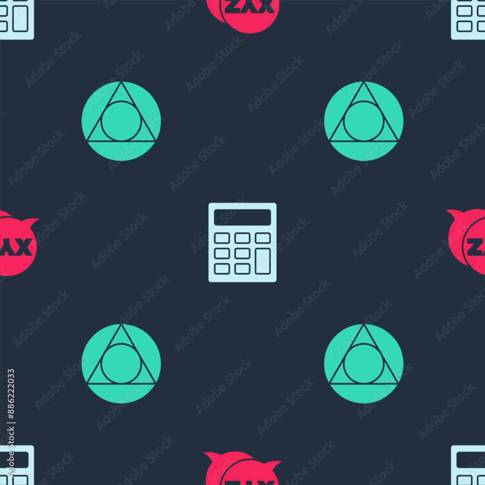 Poster set xyz coordinate system, calculator and triangle math on seamless pattern. vector