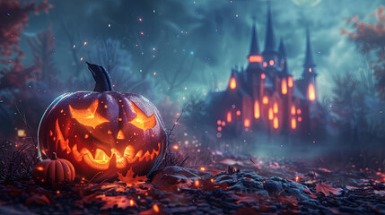 Naklejka premium Glowing jack-o-lantern with haunted castle in background spooky halloween