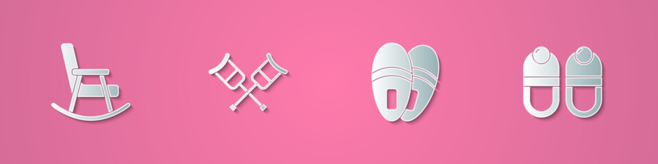 Set paper cut Rocking chair, Crutch or crutches, Slippers and icon. Paper art style. Vector