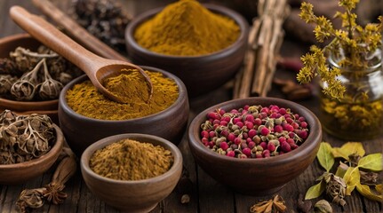 Fototapeta premium variety of spices in bowls