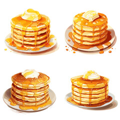 Four stacks of pancakes with butter and syrup on top