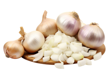 A Culinary Symphony of Whole and Diced Onions on a Wooden Board on a White or Clear Surface PNG Transparent Background.