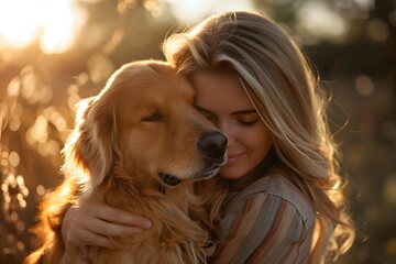 Heartwarming Moment Between a Woman and Her Golden Retriever at Sunset