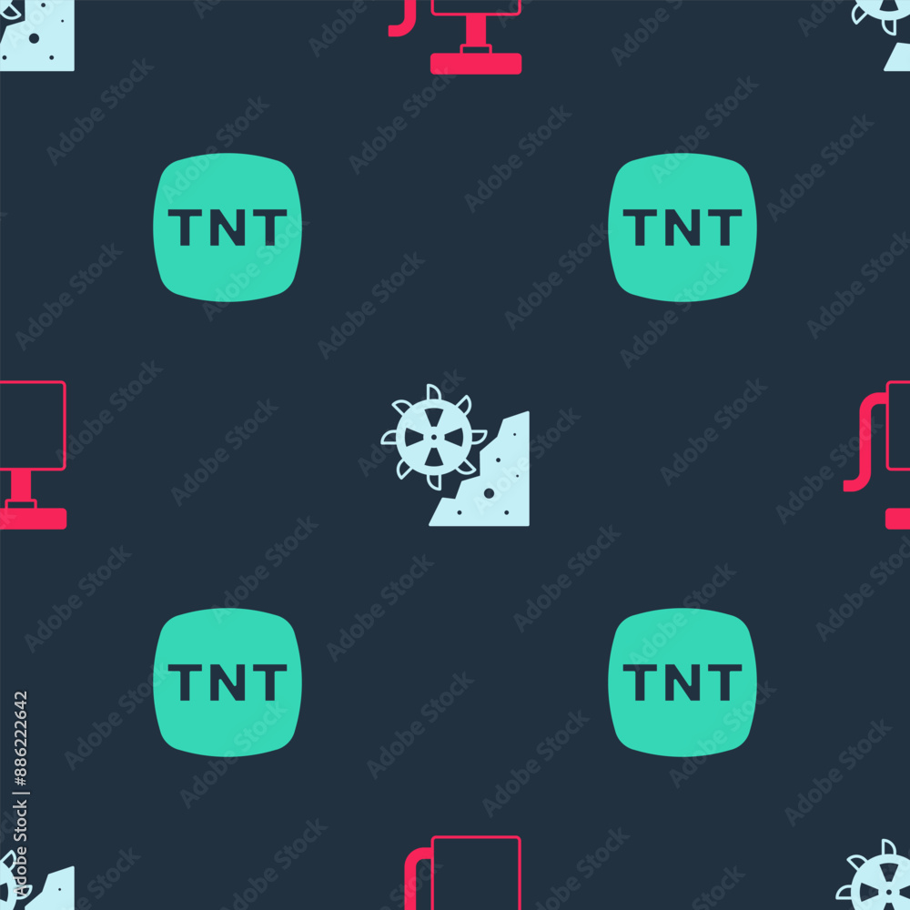 Poster set handle detonator, bucket wheel excavator and dynamite on seamless pattern. vector