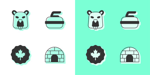 Set Igloo ice house, Beaver animal, Canadian maple leaf and Stone for curling icon. Vector