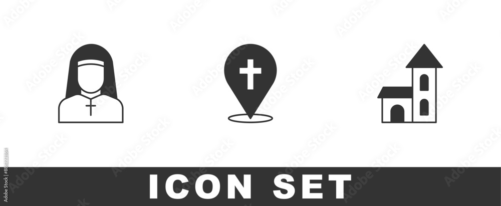 Wall mural set nun, location church building and church icon. vector