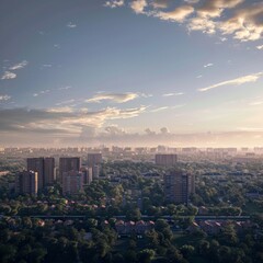 Fototapeta premium A detailed 3D render of a city's outskirts, with a few tall buildings in the distance and a vast sky with clouds
