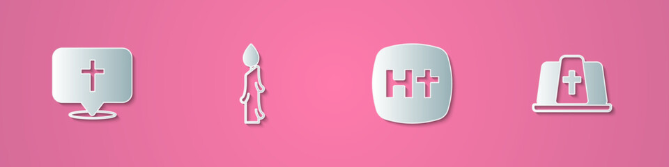 Fototapeta premium Set paper cut Location church building, Burning candle, Christian cross and Pope hat icon. Paper art style. Vector