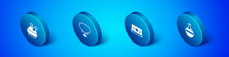 Set Isometric Roasted turkey or chicken, King crown, Bottle with potion and Necklace gem icon. Vector