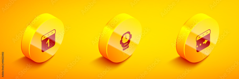 Poster set isometric calendar, clock and time flies on the clock icon. vector